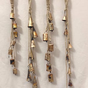 Antique Hanging Bell Cluster | Vintage Iron and Small Brass Bells Rustic Wall and Door Decor | Set of 4
