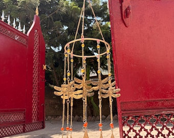 Handmade Wind Chime Dragonfly Hanging Bells Vintage Brass Decor Boho Wall Hanging Garden Decor Outdoor Indoor Wind Chimes Bohemian Decor.