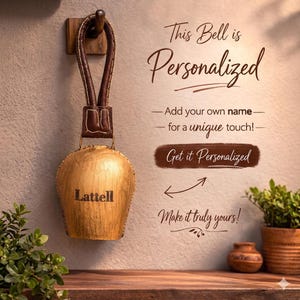May include: A personalized bell with a wooden handle and leather strap. The bell is gold-colored with the name "Lattell" printed on it. Text on the image reads "This Bell is Personalized" and "Get it Personalized."