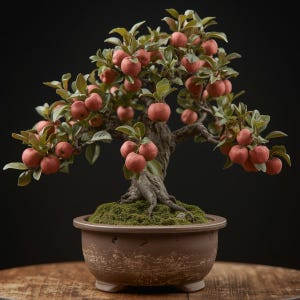 May include: A bonsai apple tree with red apples and green leaves. The tree is planted in a brown ceramic pot filled with green moss. The tree's trunk is brown and twisted. The background is black, and the tree sits on a wooden surface.