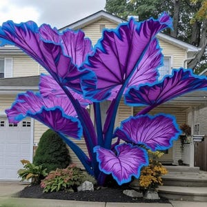 May include: A large, artificial plant with oversized purple leaves edged in bright blue. The plant has a dark purple stem and is placed in a garden bed in front of a house. The leaves have a detailed vein pattern.