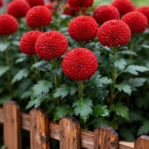 May include: A cluster of vibrant red chrysanthemum flowers with dense, spherical petals and green leaves featuring small water droplets, positioned behind a short, weathered wooden picket fence with visible wood grain and texture.