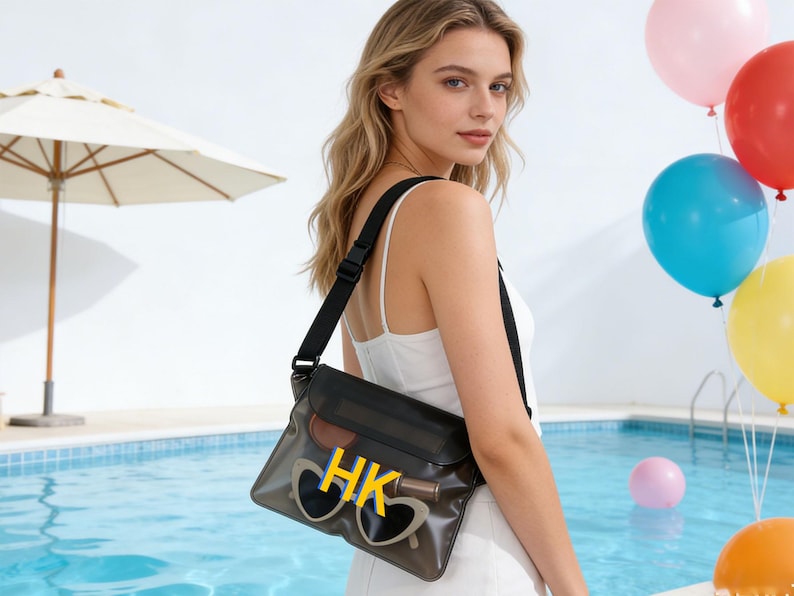 Op de afbeelding: Een zwarte crossbody tas met een transparante voorkant, met de gele letters "HK" en een zonnebril. De tas heeft een zwarte band en wordt over de schouder gedragen. De achtergrond omvat een zwembad en kleurrijke ballonnen.