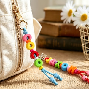 Può includere: Due tiretti per cerniera con perline colorate attaccati a una borsa in tela color crema. Uno compone la scritta COCO con perline a lettera rosa, gialle, rosse e verdi su un cordino blu con stelle. L'altro compone JAXON con perline simili.