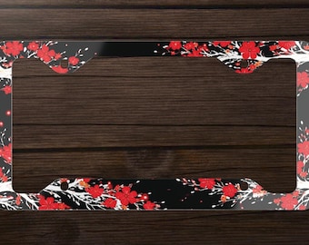 Japanese Sakura Cherry Blossom Flower Dark Witchy Woodsy Black/White and Red Nature Pattern Vehicle Accessories Car License Frame