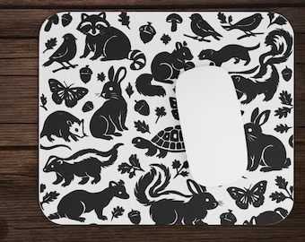 Cute White and Black Woodland Creature Animal Raccoon Possum Squirrel Turtle Mushroom Woodsy Critter Pattern Gaming Mouse Pad Desk Mat