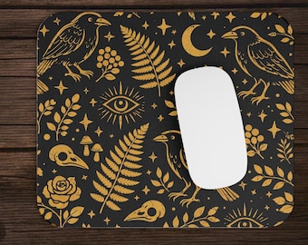Dark Black and Gold Gothic Illustrated Witchy Mystic Raven and Moody Botanical Apothecary Floral Pattern Gaming Mouse Pad | Fern Desk Mat