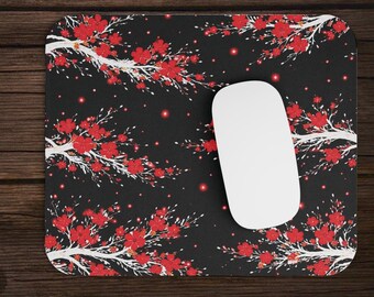 Dark Black and White Red Sakura Cherry Blossom Tree Japanese Anime Moody Botanical Floral Pattern Gaming Mouse Pad | Flower Desk Mat
