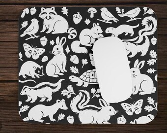 Cute Woodland Creature Animal Raccoon Possum Squirrel Turtle Mushroom Woodsy Critter Black And White Pattern Gaming Mouse Pad Desk Mat