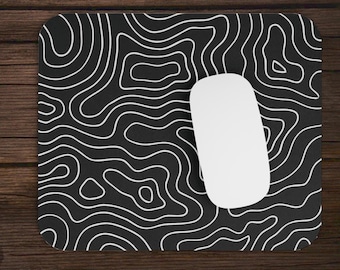 Topographic Black White Map Travel Nature Camping Pattern Gaming Mouse Pad | Desk Mat