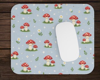 Cute Light Blue Red Spotted Mushroom Whimsical Botanical Apothecary Floral Pattern Gaming Mouse Pad | Plant and Flower Desk Mat