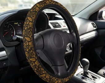 Dark Black and Gold Crow Raven Gothic Witchy Pattern Cottagecore Black Vehicle Car Accessories Mystical Gothic Decor Steering Wheel Cover
