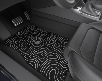 Juego de alfombrillas para coche/alfombrillas delanteras con diseño de mapa topográfico en blanco y negro para viajes al aire libre, EDC, acampada y todoterreno
