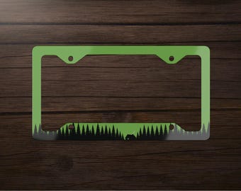 Pine Forest Woodsy Cabin Travel Outdoors EDC Nature Camping Offroad License Plate Frame Cover Green and Black | Vehicle Accessories for Car