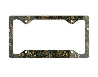 Marco de matrícula de metal con diseño de hojas botánicas verdes, flores silvestres, cabaña, naturaleza, bonitos accesorios para vehículos, estampado floral de hojas.