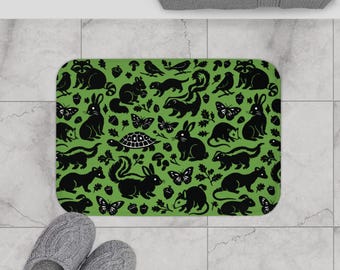 Cute Woodland Creature Raccoon Rabbit Squirrel Animal Boho Woodsy Pattern Bath Shower Mat | Plush Microfiber and Memory Foam