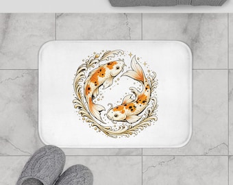 Japanese Swimming Koi Fish White Bath Shower Mat | Plush Microfiber and Memory Foam