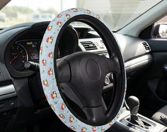 Cute Blue Red Spotted Mushroom Whimsical Botanical Apothecary Floral Pattern Car Interior Accessories Neoprene Steering Wheel Cover Grip