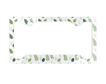 Marco de matrícula de metal para coche con diseño de hojas botánicas blancas y verdes, flores silvestres, cabaña, núcleo natural, bonitos accesorios para vehículos / patrón de hojas florales