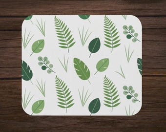 Light Floral White and Green Botanical Apothecary Pattern Cottagecore Gaming Mouse Pad | Plant and Fern Desk Mat