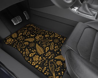 Dark Witchy Gothic Crow Apothecary Fern Skull Mystic Raven Botanical Floral Moody Gold Pattern Car Mats | Car Floor Mat Set