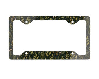 Dark Green Botanical Leaves Wildflower Cottage Core Nature Cute Vehicle Accessories For Car Metal License Plate Frame | Floral Leaf Pattern
