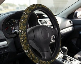 Dark Green Gold Floral Botanical Leaves Wildflower Cottage Core Boho Nature Cute Vehicle Accessories For Car Neoprene Steering Wheel Cover