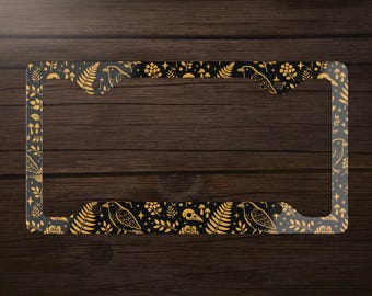 Dark Crow Skull Gothic Witchy Pattern Cottagecore Black and Gold Vehicle Accessories for Car, Mystical Gothic Plate Cover, Cute Car Decor