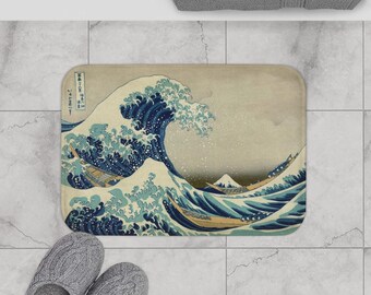 The Great Wave Off Kanagawa Japanese Print Art Boho Bath Shower Mat | Plush Microfiber and Memory Foam