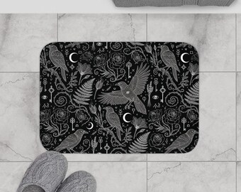 Black Gothic Apothecary Witchy Crow Raven Moody Botanical Fern Pattern Bath Shower Mat | Plush Microfiber and Memory Foam