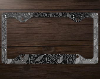 Dark Crow Raven Gothic Witchy Pattern Cottagecore Black and White Vehicle Accessories for Car, Mystical Gothic Plate Cover, Cute Car Decor