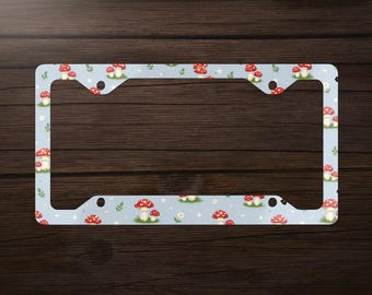 Cute Red Spotted Mushroom Whimsical Blue Nature Floral Vehicle Accessories For Car Metal License Plate Frame | Floral Leaf Pattern