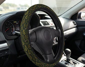 Dark Green Floral Botanical Leaves Wildflower Cottage Core Boho Nature Cute Vehicle Accessories For Car Neoprene Steering Wheel Cover Grip