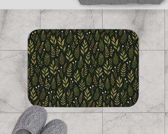 Dark Sage Green Floral Plant Fern Pattern Boho Botanical  Apothecary Cottagecore Moody Bath Shower Mat | Plush Microfiber and Memory Foam