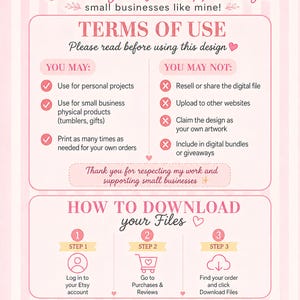 Puede incluir: Un gr&aacute;fico informativo con rayas rosas y blancas titulado Thank you for supporting small businesses like mine. Describe los t&eacute;rminos de uso con marcas de verificaci&oacute;n para acciones permitidas y cruces rojas para las prohibidas, seguido de tres pasos.