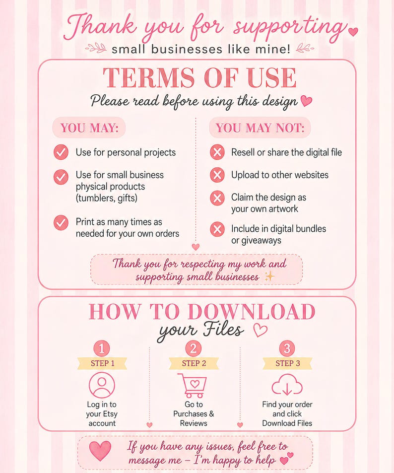 Puede incluir: Un gr&aacute;fico informativo con rayas rosas y blancas titulado Thank you for supporting small businesses like mine. Describe los t&eacute;rminos de uso con marcas de verificaci&oacute;n para acciones permitidas y cruces rojas para las prohibidas, seguido de tres pasos.