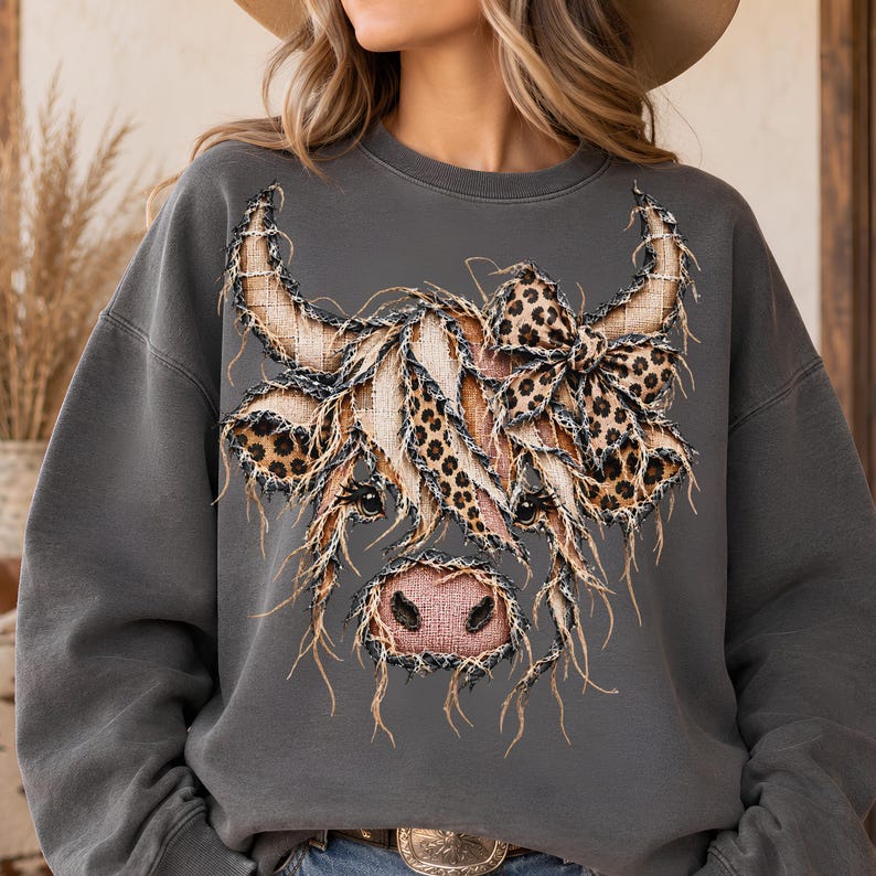 Puede incluir: Una sudadera de cuello redondo en color gris carb&oacute;n con un gr&aacute;fico grande de una vaca Highland. El dise&ntilde;o de la vaca est&aacute; compuesto por parches de tela deshilachada en tonos beige y estampado de leopardo, con un lazo de leopardo.