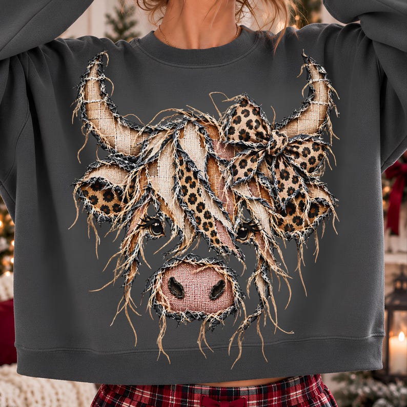 Puede incluir: Una sudadera de manga larga gris oscuro con un gran gr&aacute;fico de una vaca Highland. El dise&ntilde;o de la vaca est&aacute; compuesto por texturas deshilachadas tipo arpillera y patrones de leopardo, incluyendo un lazo de leopardo en la cabeza y nariz rosa.