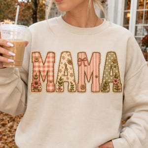 Herbst-Mama-PNG, Patchwork-Mama-Sublimationsdesign, Vintage-Blumen-Imitationsstickerei-Motiv für Mama-Shirts, kokettes Herbst-Sweatshirt für Thanksgiving
