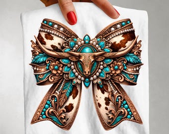 Western Aesthetic Teal Turquoise Western Girly PNG, Cowhide Coquette bow, Digital Download Rustic Rodeo PNG Sublimation Design for T shirts