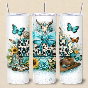 Western Mama 20oz Tumbler PNG, Coquette Cow Print Floral Design (Digital Download)