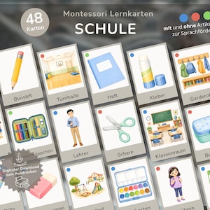 Könnte beinhalten: Ein Set von 48 Montessori-Lernkarten mit Illustrationen zum Thema Schule. Die Karten zeigen einen Bleistift, eine Turnhalle, ein Heft, Kleber und andere Schulmaterialien. Der Text auf den Karten ist auf Deutsch.