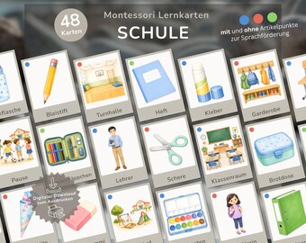 48 School & School Supplies Flashcards German | Montessori Picture Cards with Article Colors | German as a Second Language (DaZ) / German as a Foreign Language (DaF) Language Support Back to School PDF Printable