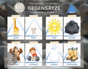 Opposites Picture Cards German | 60 Adjectives | Montessori Learning Cards | German as a Second Language (DaZ) / German as a Foreign Language (DaF) Language Support Kindergarten Preschool | Printable PDF