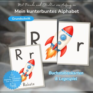 K&ouml;nnte beinhalten: Lernkarten mit dem Buchstaben R in Gro&szlig;- und Kleinschreibung, begleitet von einer bunten Raketenillustration. Die Karten enthalten das Wort Rakete sowie den Text Mit Freude und Struktur von Anfang an, Mein kunterbuntes Alphabet, Grundschrift und Buchstabenkarten & Legespiel.