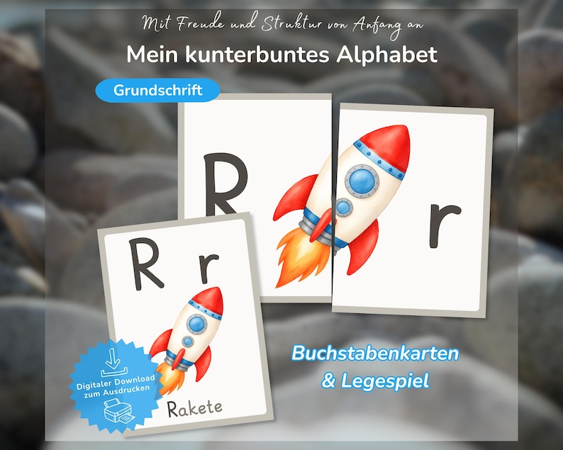K&ouml;nnte beinhalten: Lernkarten mit dem Buchstaben R in Gro&szlig;- und Kleinschreibung, begleitet von einer bunten Raketenillustration. Die Karten enthalten das Wort Rakete sowie den Text Mit Freude und Struktur von Anfang an, Mein kunterbuntes Alphabet, Grundschrift und Buchstabenkarten & Legespiel.