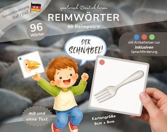 Rhyming words for children | 48 rhyming pairs with colored articles | German as a Second Language (DaZ) / German as a Foreign Language (DaF) language support | Printable memory game | Finding rhymes in German | Preschool