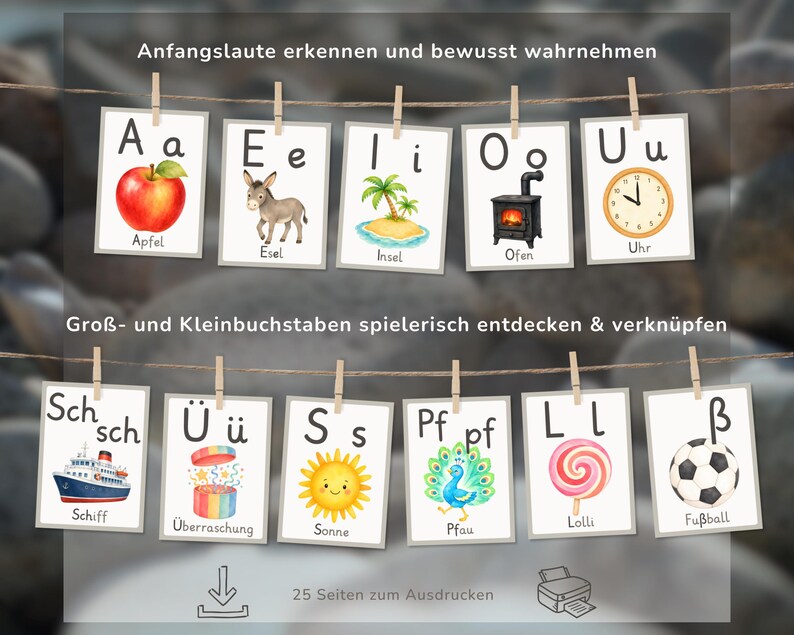 K&ouml;nnte beinhalten: Lernkarten an einer Schnur mit Holzklammern, die deutsche Buchstaben und passende Illustrationen wie Apfel, Esel, Insel, Ofen, Uhr, Schiff, &Uuml;berraschung, Sonne, Pfau, Lolli und Fu&szlig;ball zeigen, inklusive Texten wie Anfangslaute erkennen.