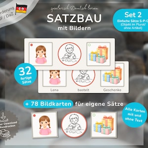 May include: Educational flashcards for learning German sentence structure. The image shows cards with illustrations and text, including the words "SATZBAU" and "Set 2". The cards feature images of a girl, a boy, and gifts, designed for language learning.