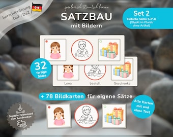 Sentence Construction with Pictures without Reading Set 2 PDF | German as a Second Language (DaZ) / German as a Foreign Language (DaF) Language Support | Practicing Plurals | Montessori Sentence Construction Cards for Kindergarten, Preschool & School